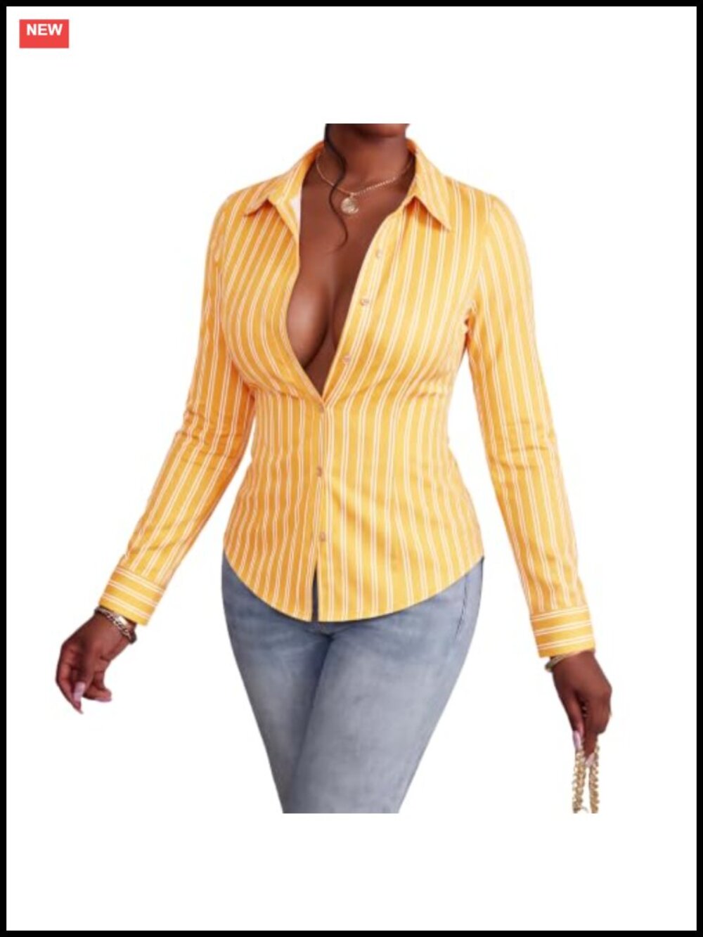 Women's Striped V-Neck Long Sleeve Button-Down Blouse Slim Fit Office Top